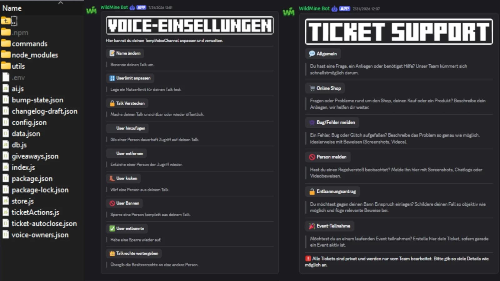 Panels des WildMine-Bots im Discord: Voice-Einstellungen und Ticket-Support